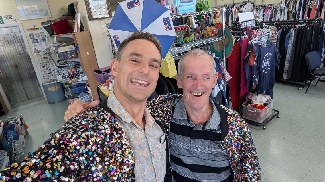 Dave with a friend in the Op Shop